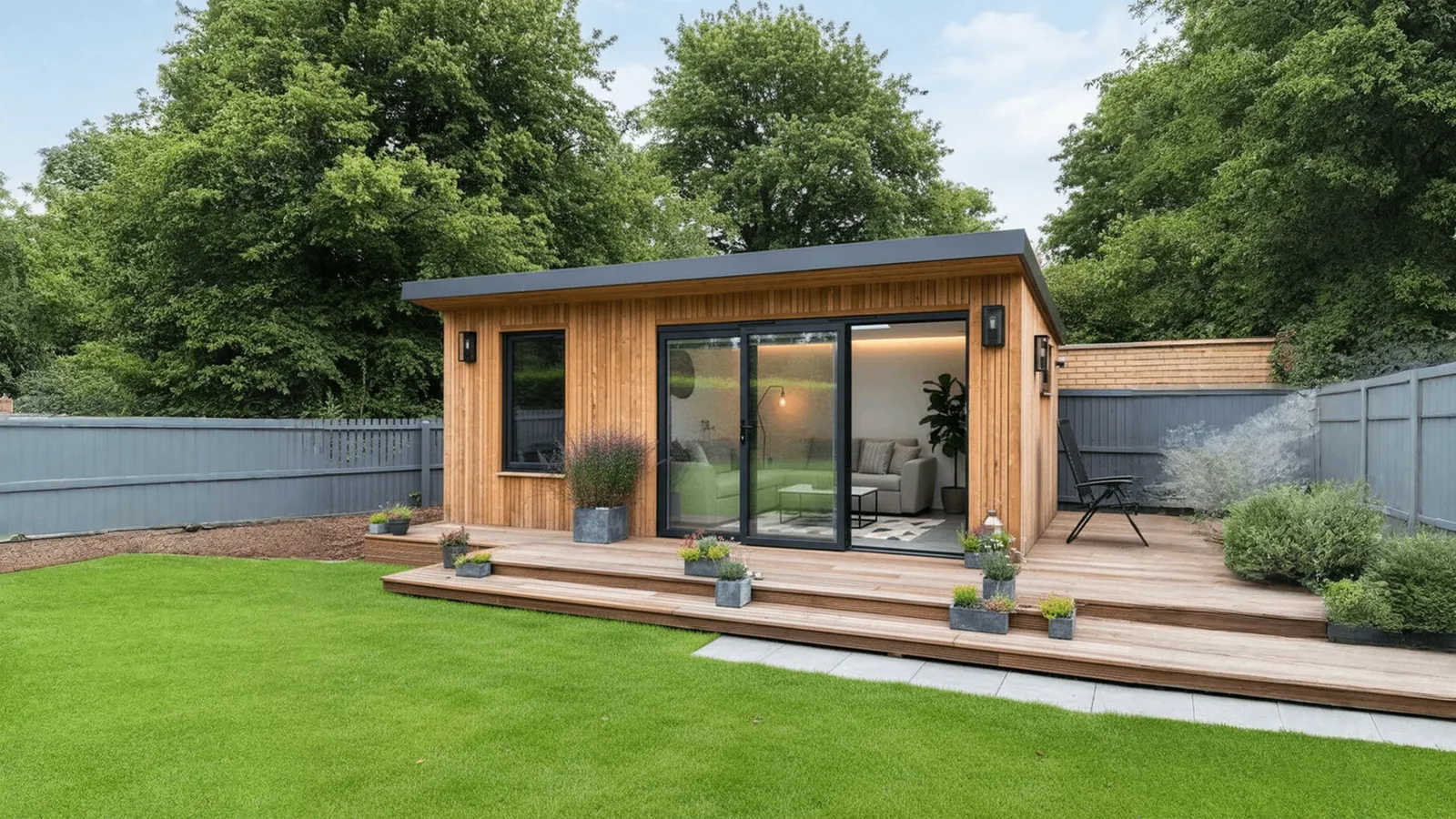 Modern Kingspan garden room in residential garden setting